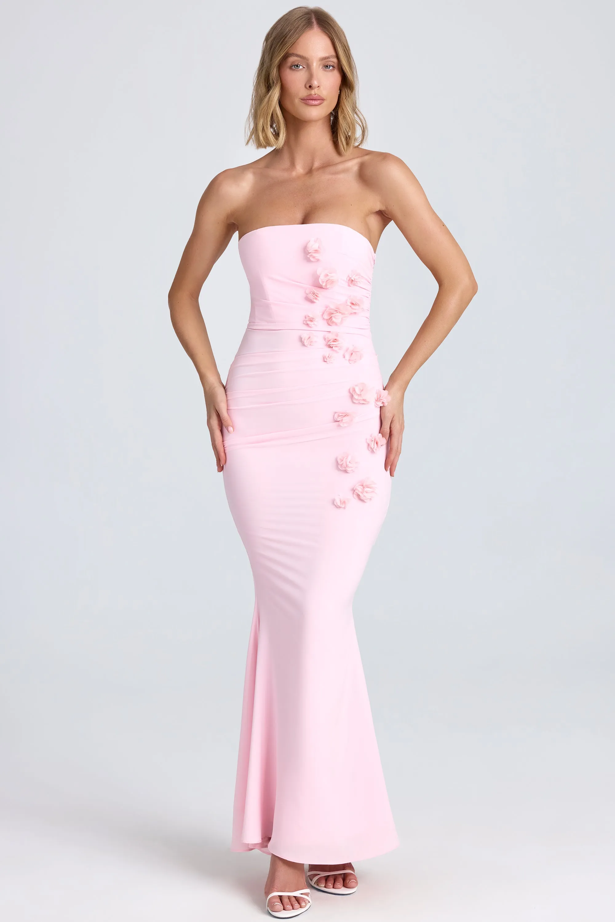 Draped Floral-Appliqu?? Maxi Dress in Blush Leaf Dance Fall Path