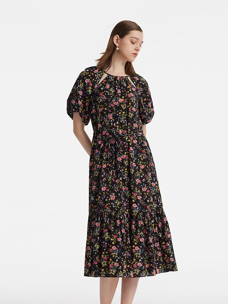 16 Momme Mulberry Silk Cut-Out Rose Print Women Midi Dress Contemporary Style