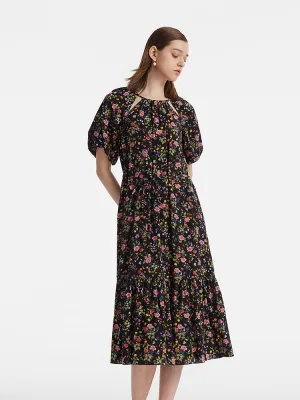 Dew Drop City Prep 16 Momme Mulberry Silk Cut-Out Rose Print Women Midi Dress