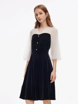 Statement pattern knee-length dress Sequined Mesh Patchwork Women Velvet Midi Dress
