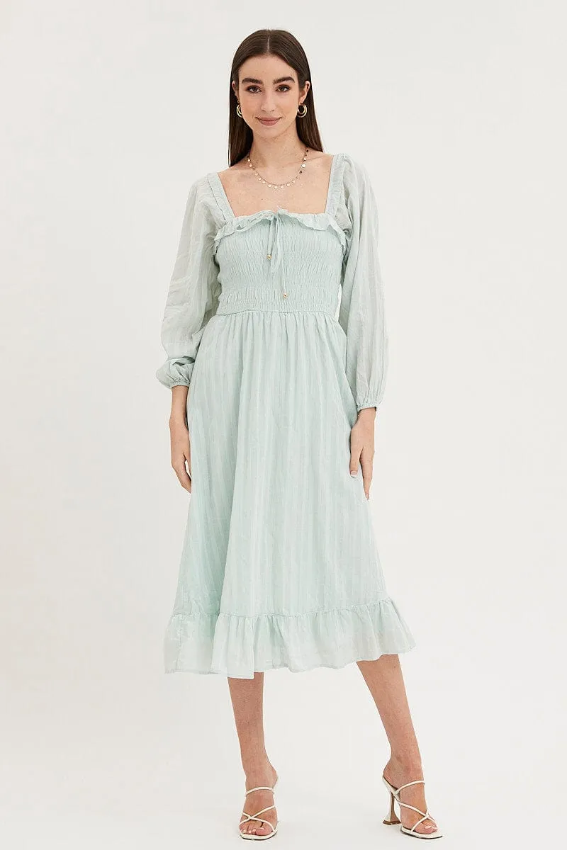 Rural Air Breezy resort wear Green Midi Dress Long Sleeve Evening