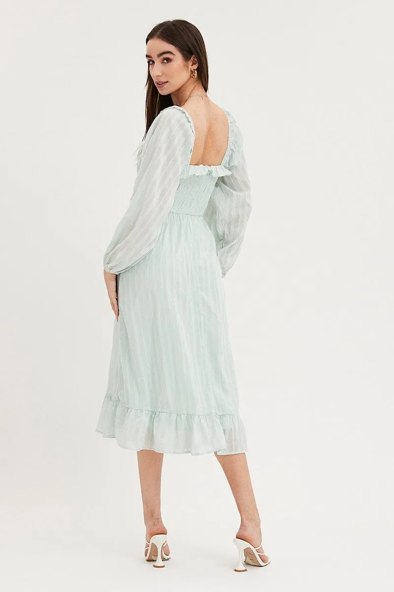 Green Midi Dress Long Sleeve Evening Wool Glow Off Shoulder