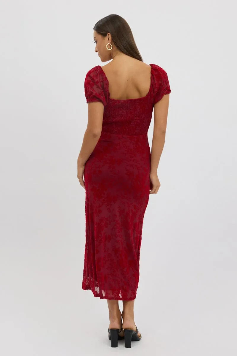 Red Maxi Dress Puff Sleeve Burn Out breath easy