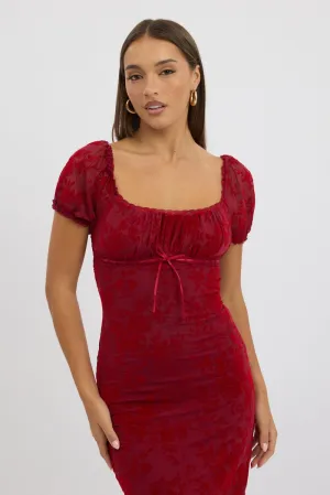 Hemp Soft Bead Work Red Maxi Dress Puff Sleeve Burn Out