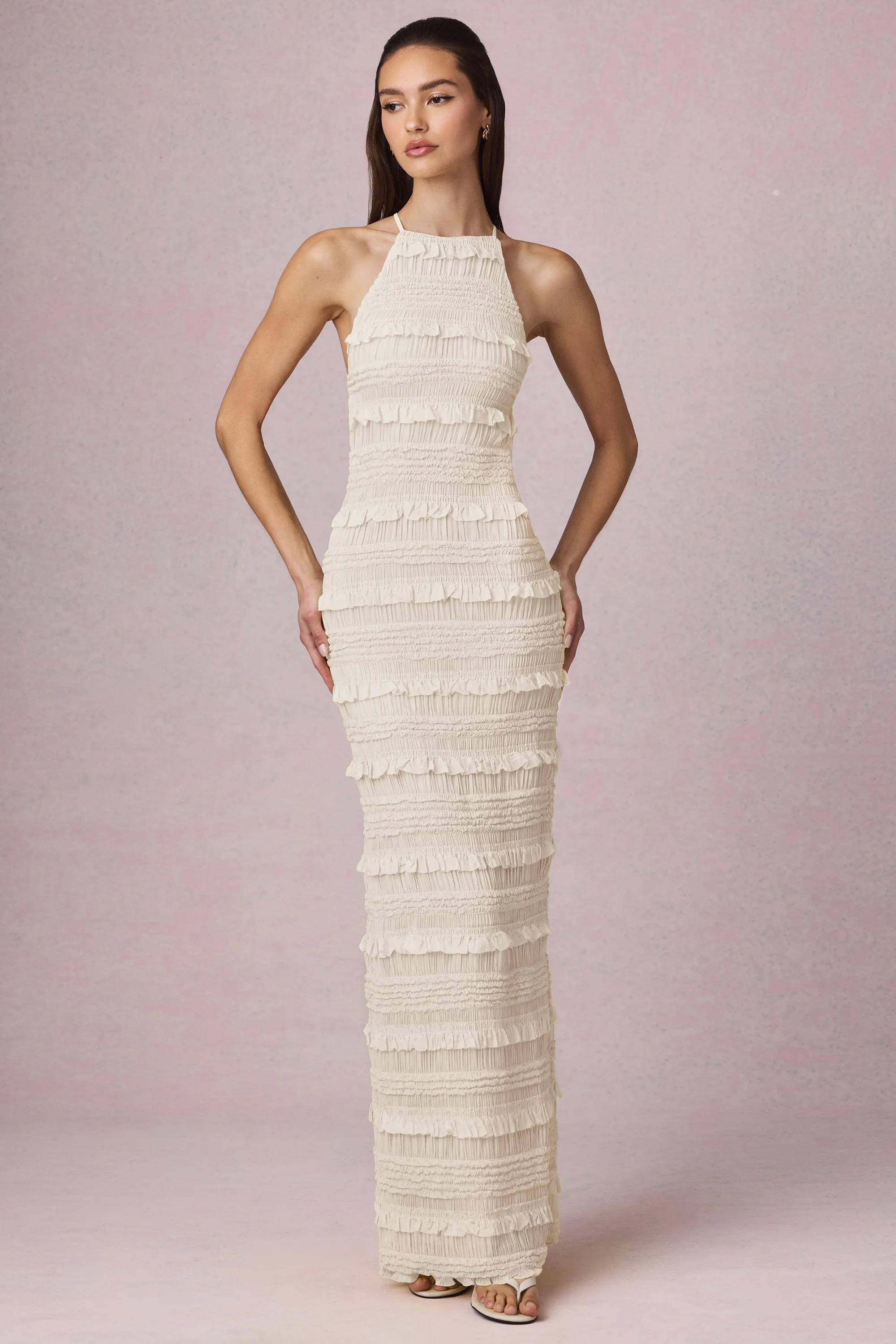 Pine Grove Ruffled Backless Halterneck Maxi Dress in Ivory