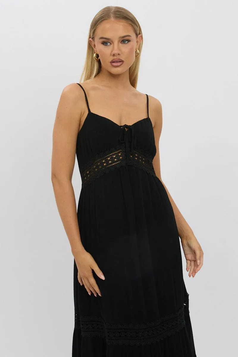 Black Maxi Dress Strappy Lace Trim Cliff Path Hemp Soft