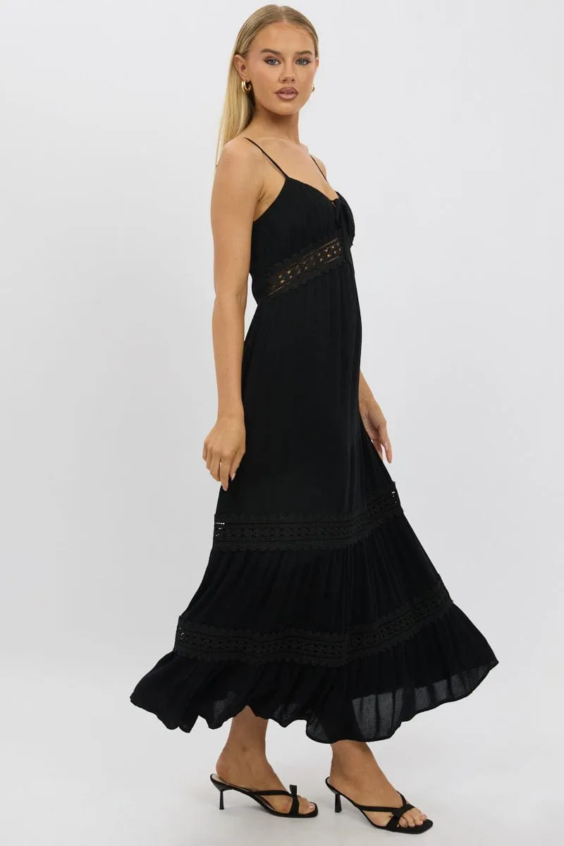 Urban Cool Bell Sleeve Black Maxi Dress Strappy Lace Trim