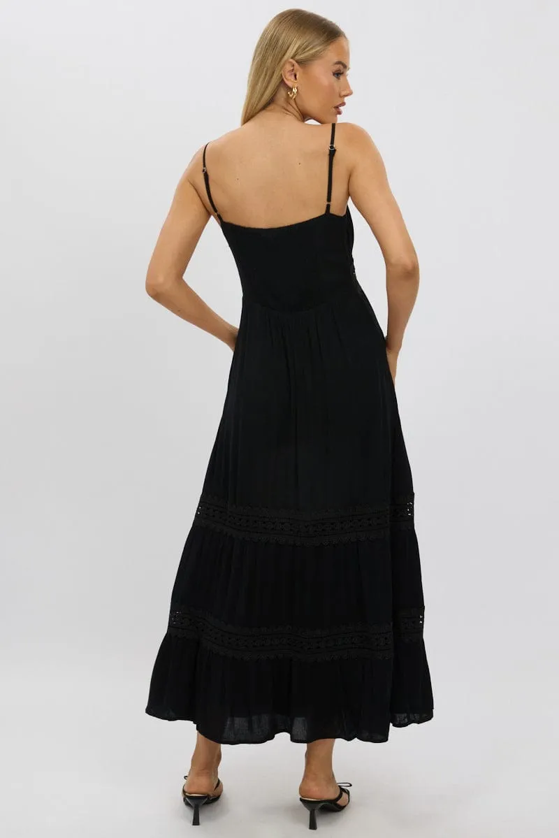 Black Maxi Dress Strappy Lace Trim Yellow Sun Village Glow