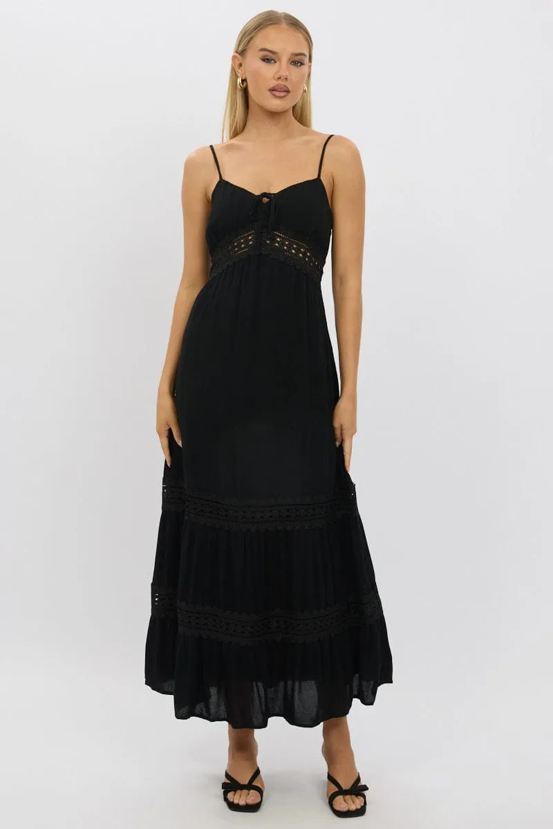 Ethnic Vibe Dinner Date Black Maxi Dress Strappy Lace Trim