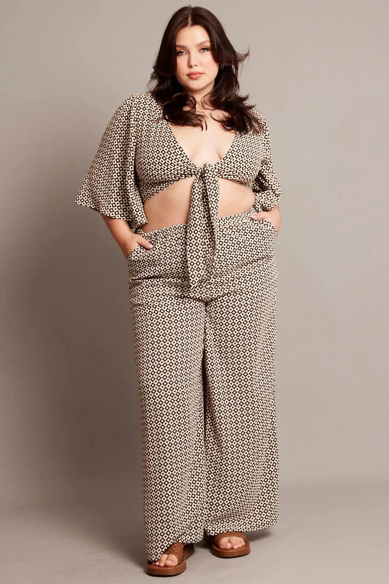 simple design Brown Geo Drawstring Waist Wide Leg Pants