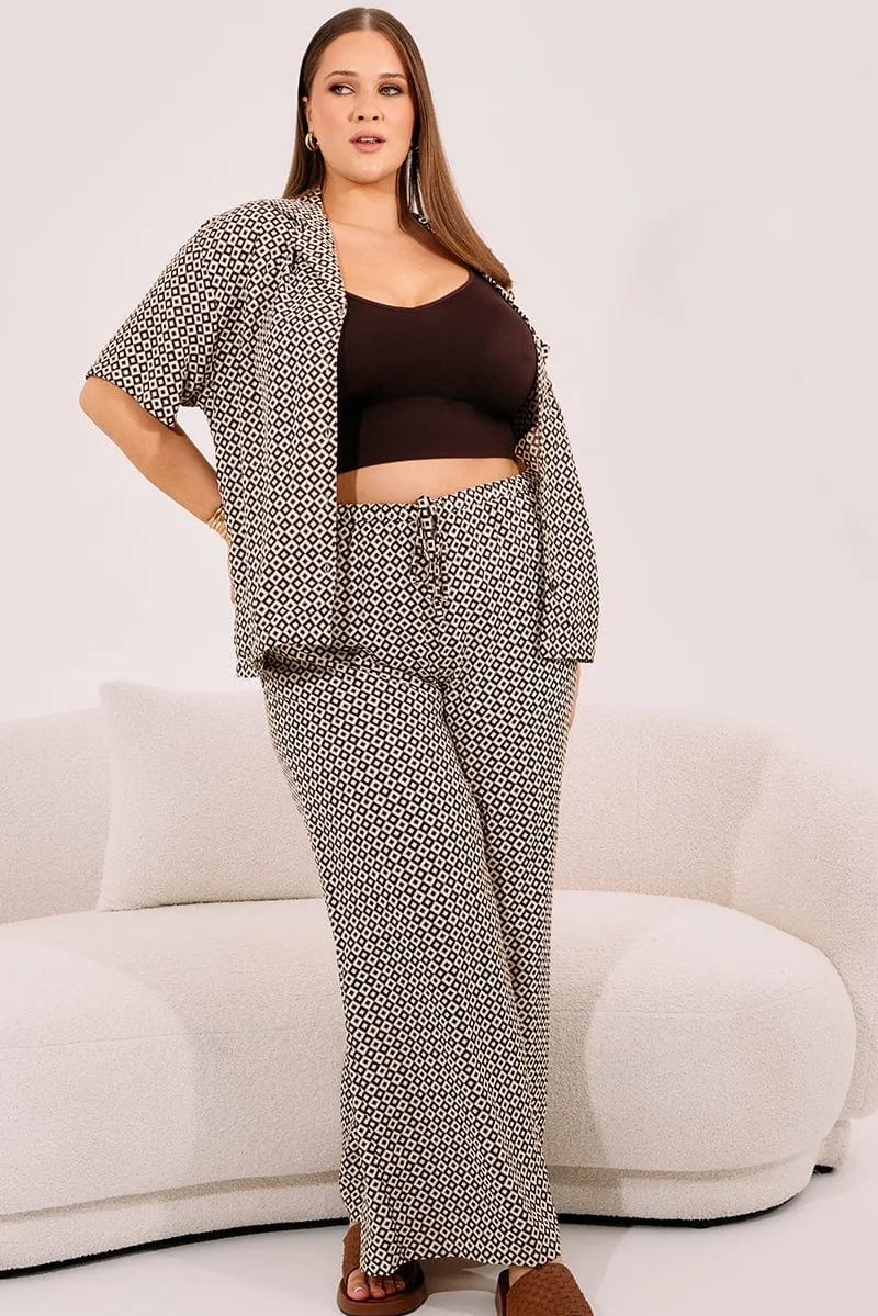 Thermal Regulating Brown Geo Drawstring Waist Wide Leg Pants