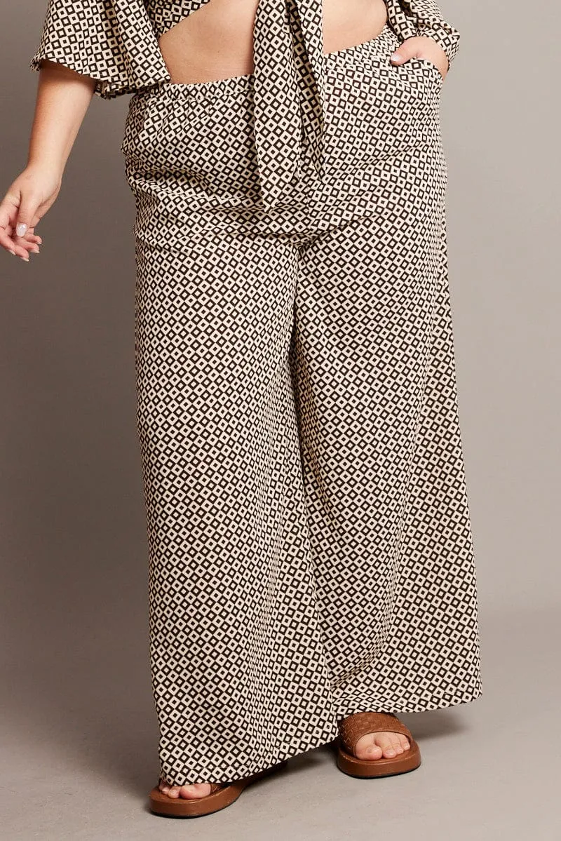 ReflectiveTrim Soft and Light Brown Geo Drawstring Waist Wide Leg Pants