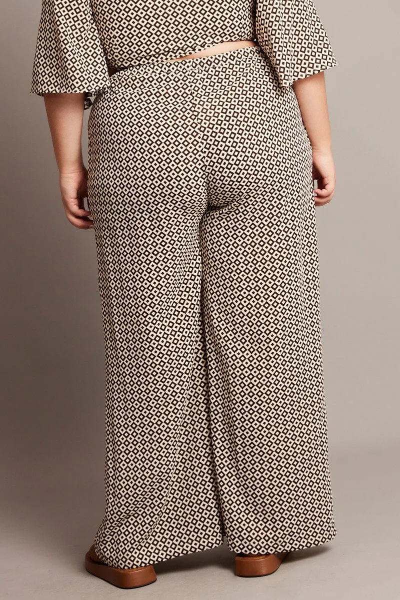 HighWaistSupport Frayed hem Brown Geo Drawstring Waist Wide Leg Pants