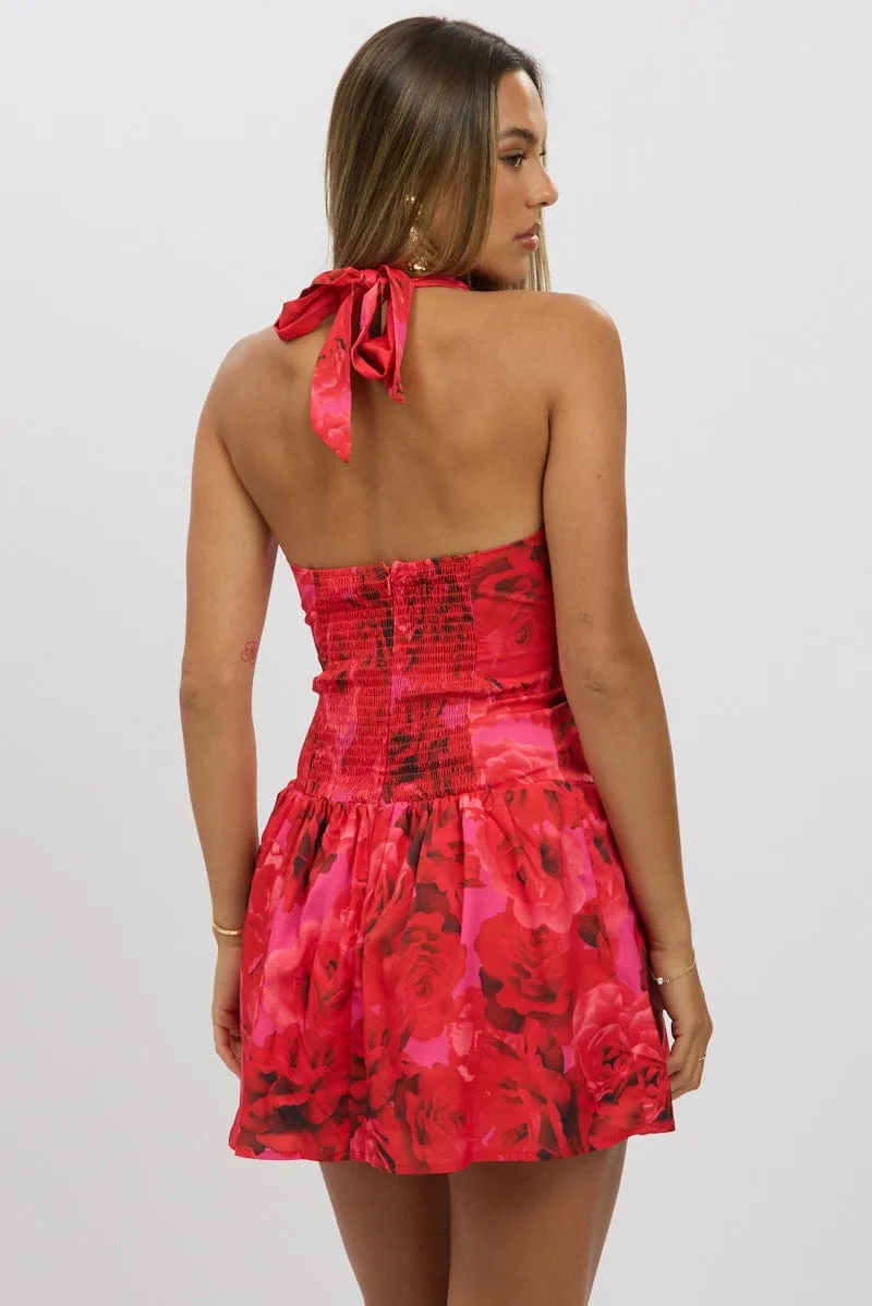 Red Floral Halter Neck Mini Dress Cut Edge Multi Way Tying Option