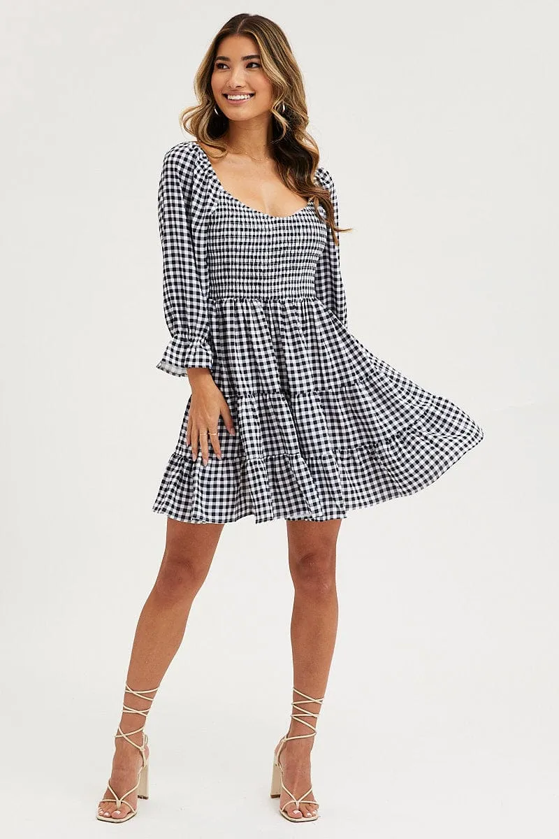 british retro Shimmer Core Check Fit And Flare Dress Long Sleeve Sweetheart Neck