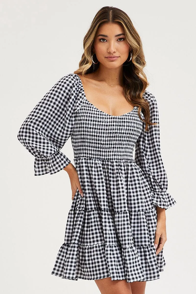 Easy Fit Check Fit And Flare Dress Long Sleeve Sweetheart Neck