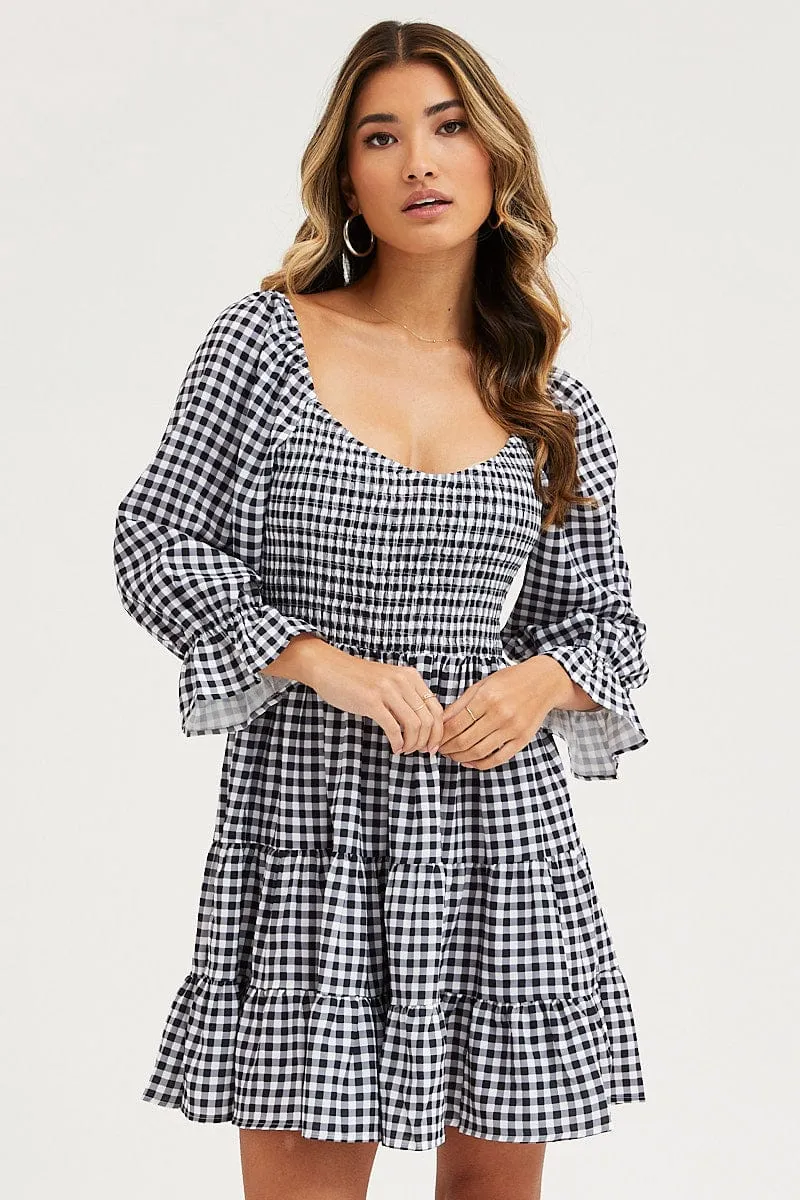 Check Fit And Flare Dress Long Sleeve Sweetheart Neck Quiet Luxury Digital Glow