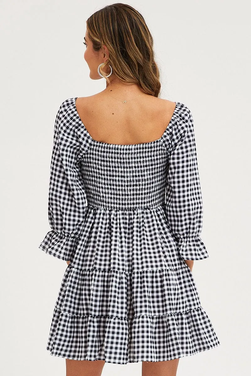 Check Fit And Flare Dress Long Sleeve Sweetheart Neck Rain Proof