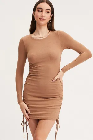 Beige Tie Back Dress Long Sleeve Mini Airtight Zipper