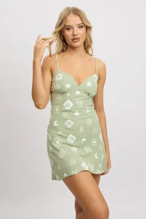 summer shorts Green Abstract Mini Dress Strappy