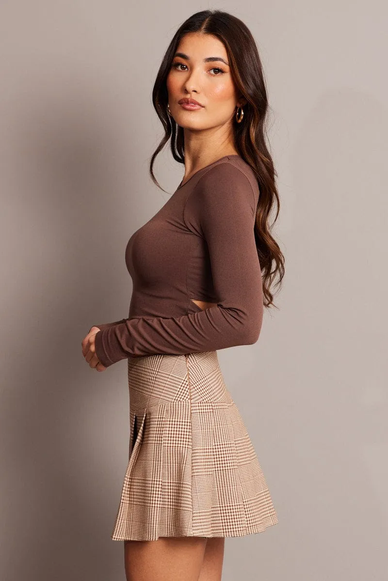 Brown Seamless Top Crew Neck Long Sleeve Mediterranean Air FlexibleWaistband