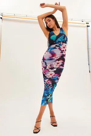 Warm Pants Blue Printed Dress Butterfly And Flower Ruched Bodycon