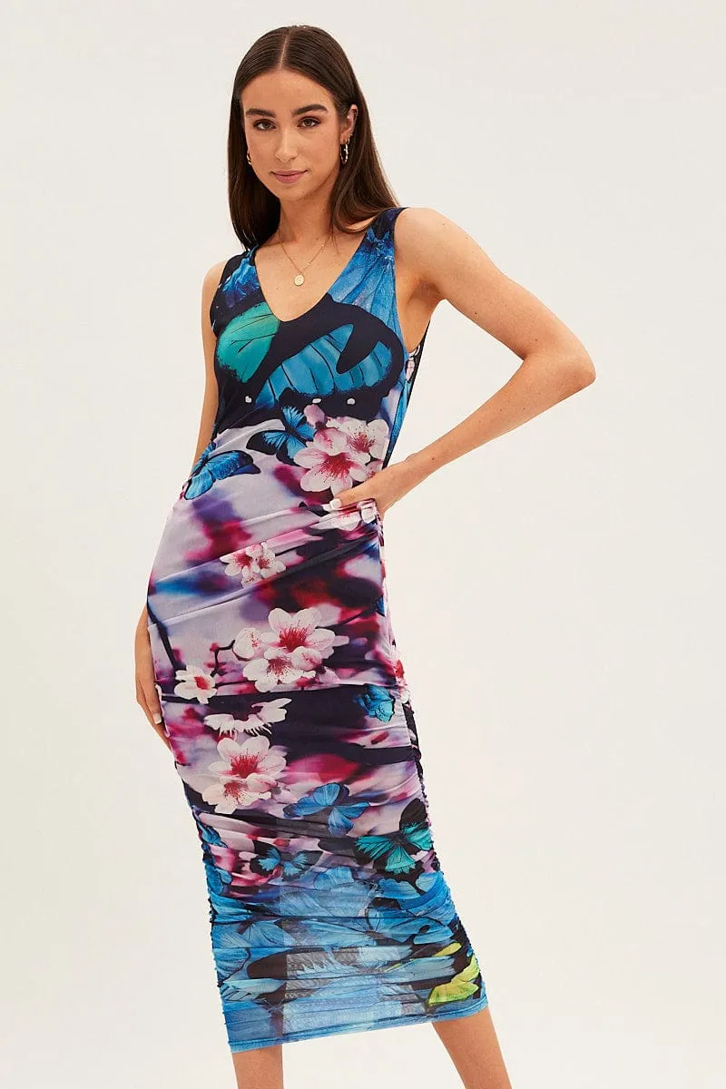 Summer Style Game Core Blue Printed Dress Butterfly And Flower Ruched Bodycon