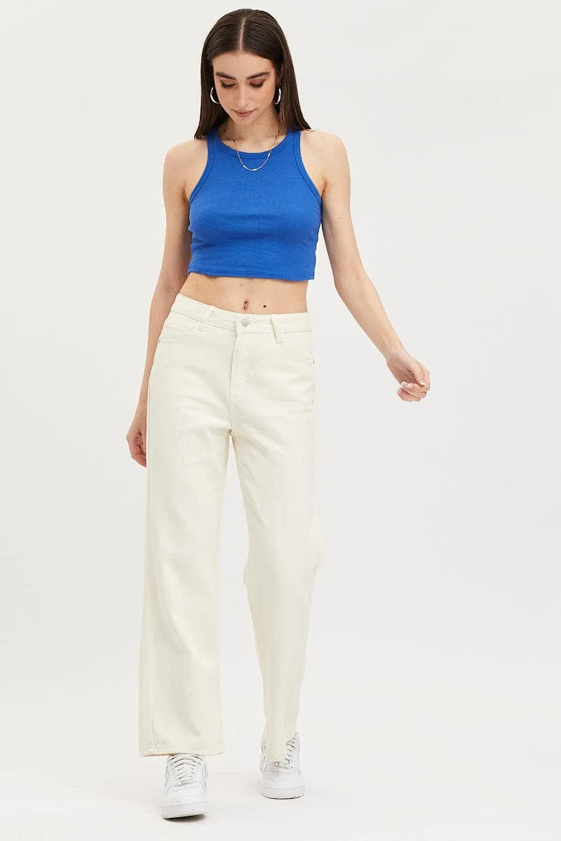 Blue Tank Top Sleeveless Crew Neck DoubleLayered Structure Crown Fit