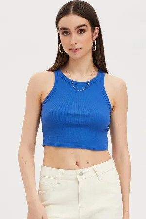 Blue Tank Top Sleeveless Crew Neck Silk Glow Breathable fabric