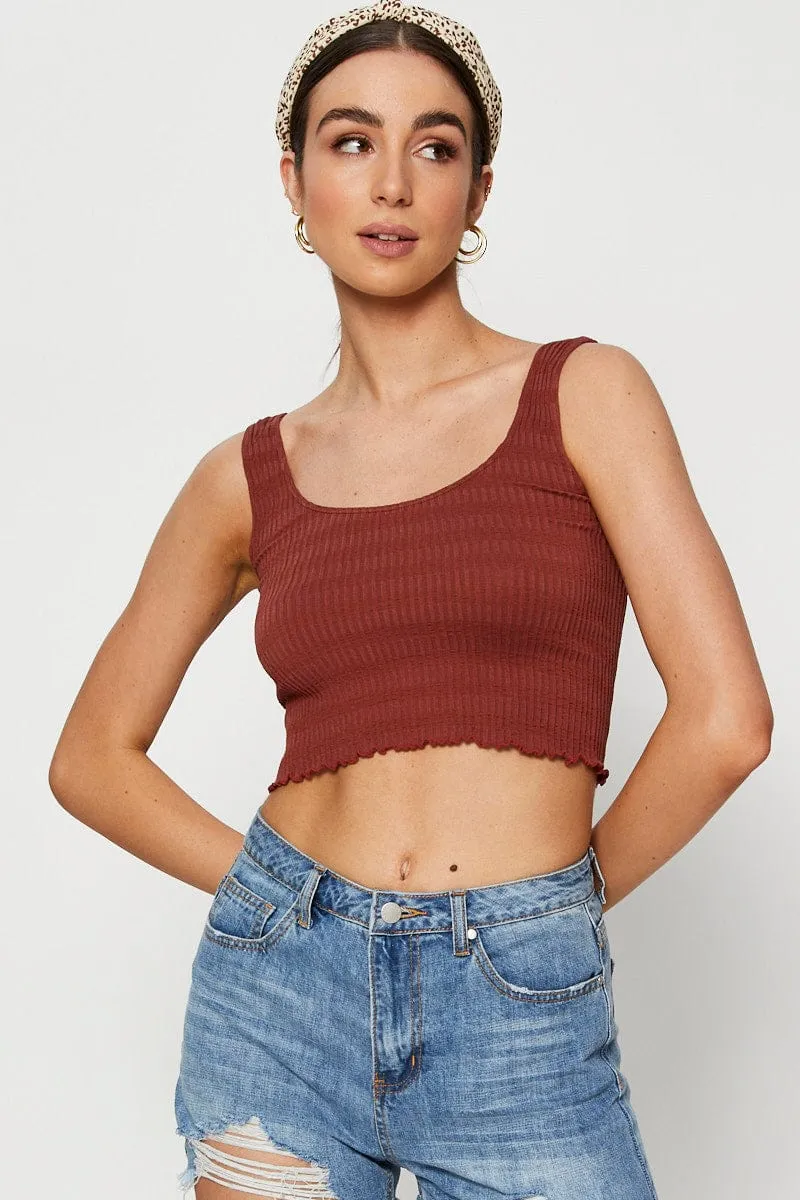 Brown Crop Top Seamless ComfortWaistband Casual Pants