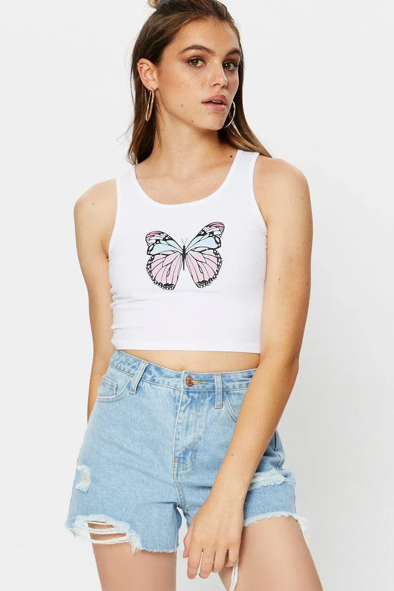 FlexibleWaistband White Jersey Butterfly Graphic Print Tank Top