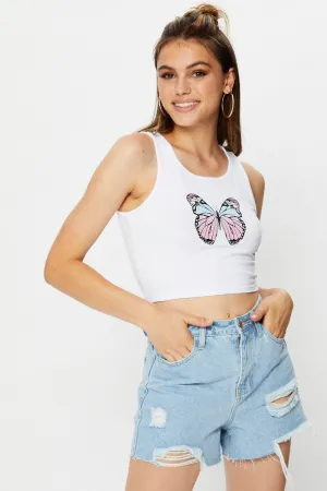 White Jersey Butterfly Graphic Print Tank Top Flexible Hemline