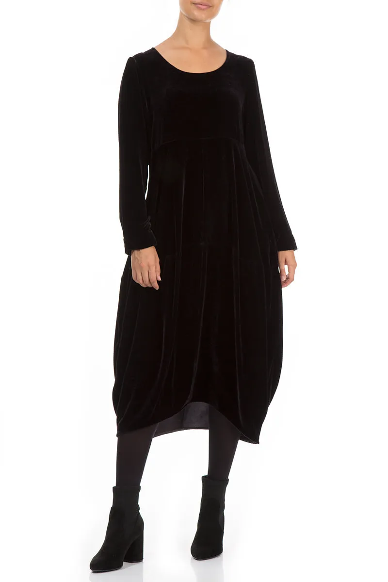 Morning Walk Balloon Black Silk Velvet Dress