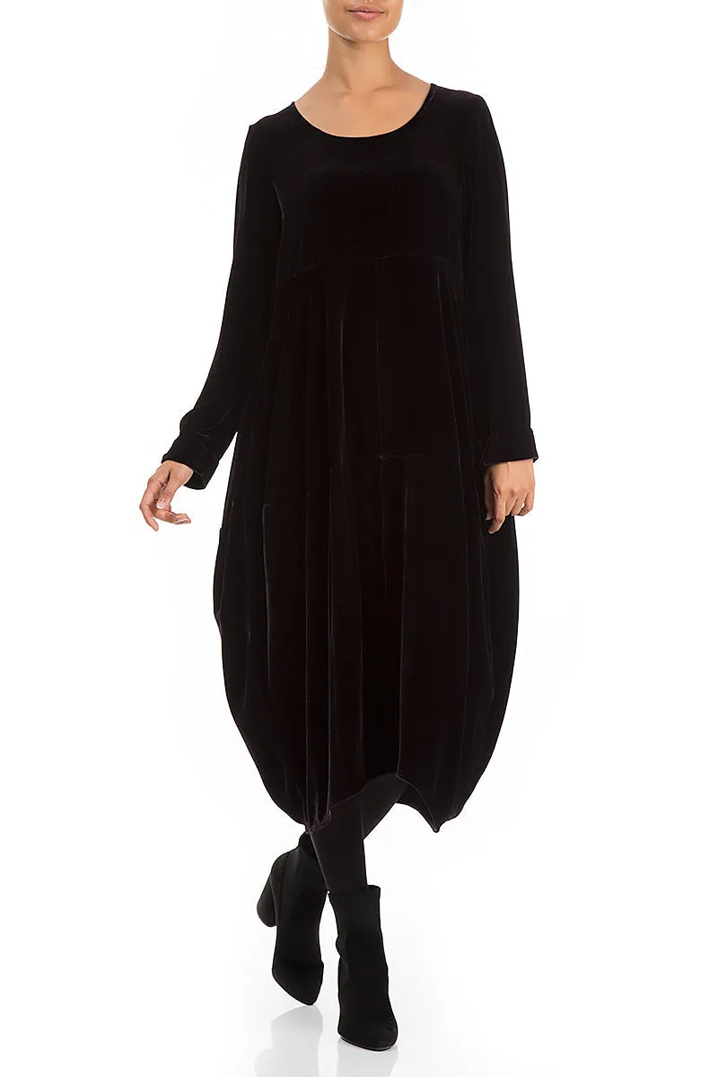Street Look Balloon Black Silk Velvet Dress