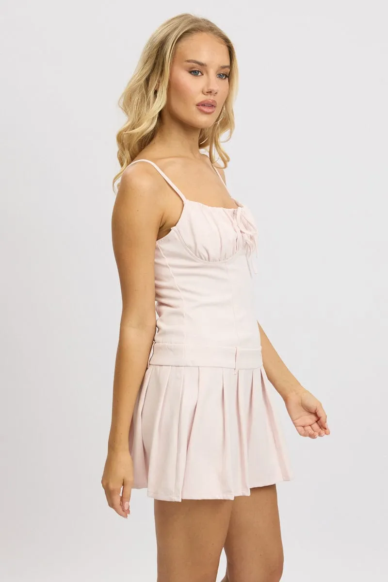 Layered Panel Design Edge Shine Pink Mini Dress Drop Waist Pleated
