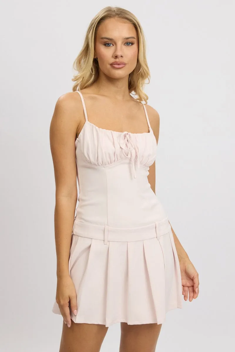 Pink Mini Dress Drop Waist Pleated Short playful dress for vacations