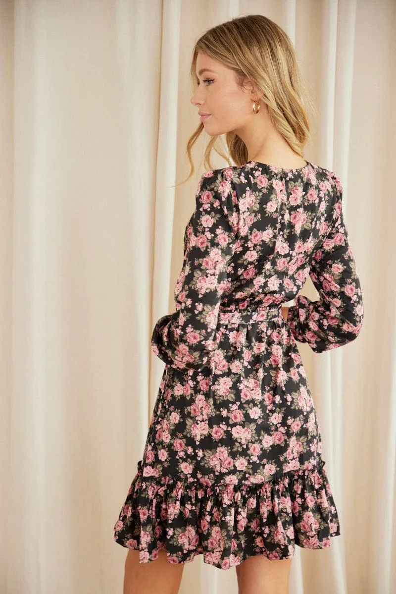 Print Skater Dress Long Sleeve Mini Classic Wear