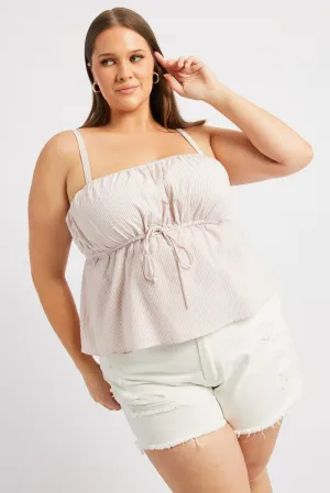 LowProfile Beige Stripe Cami Top Sleeveless Gathered