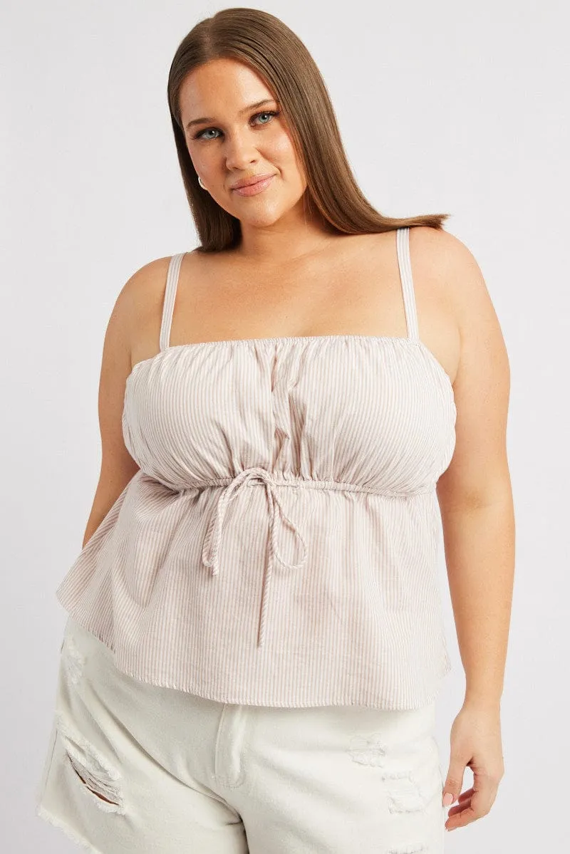 Beige Stripe Cami Top Sleeveless Gathered Simple Wear