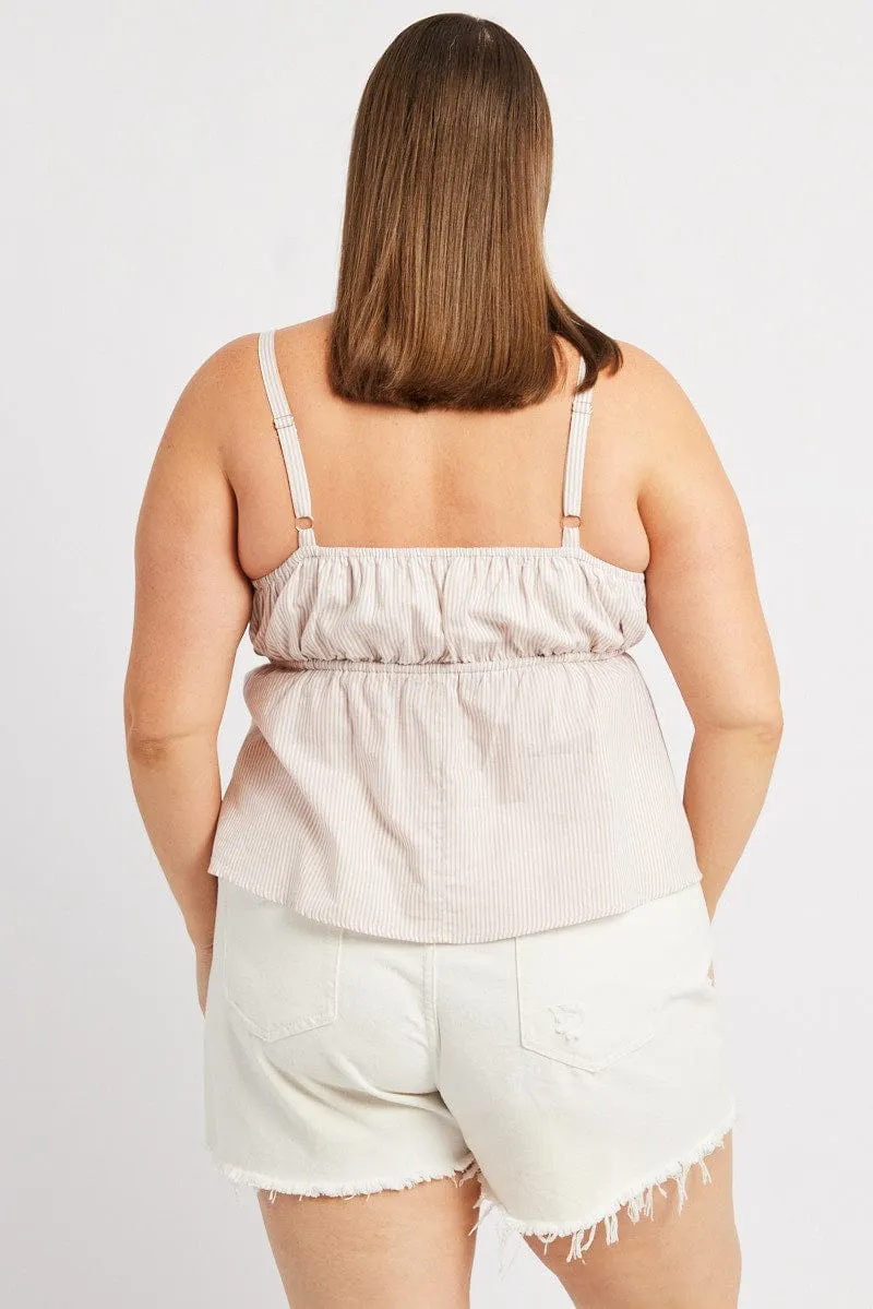 VentilatedMesh Beige Stripe Cami Top Sleeveless Gathered