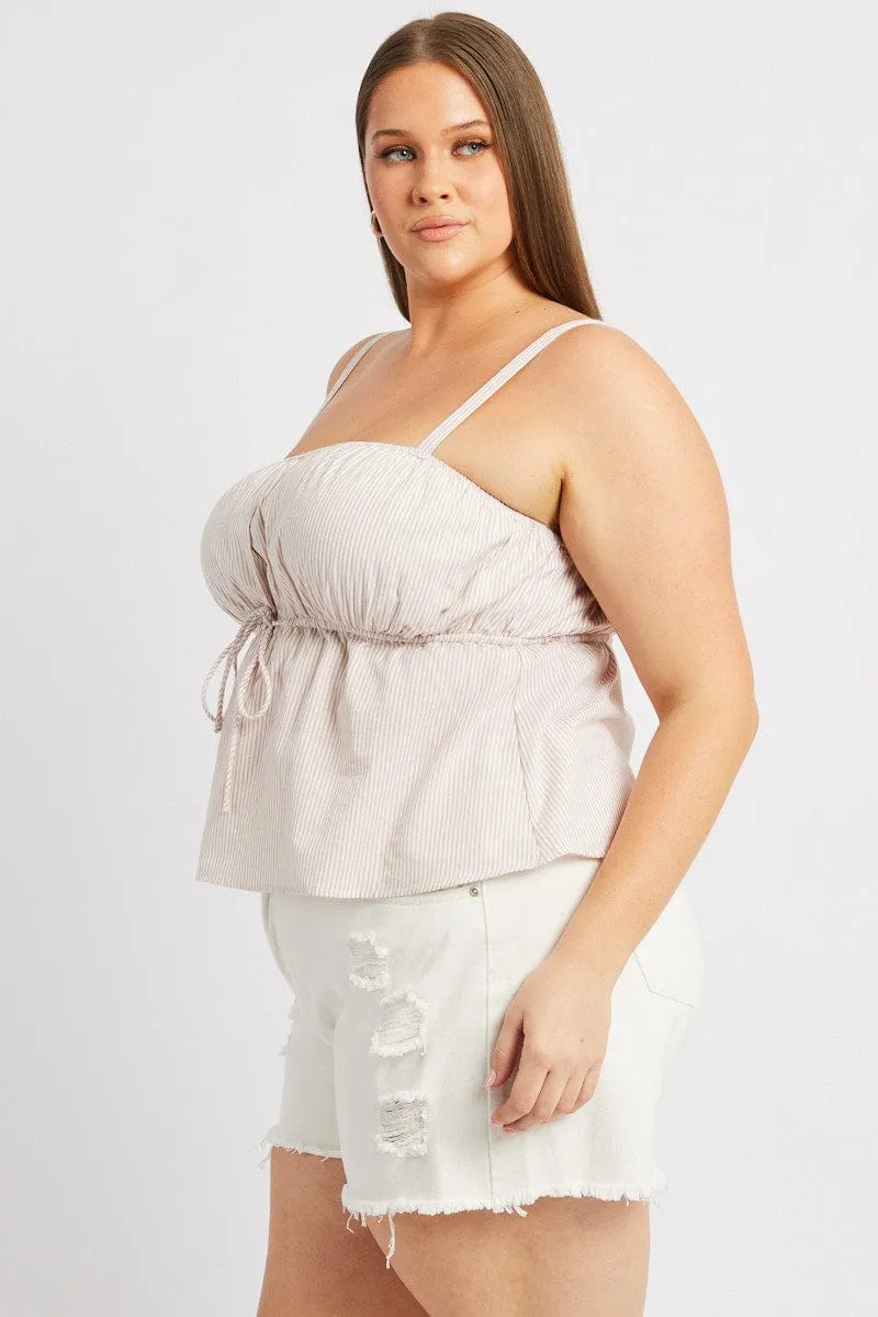 Beige Stripe Cami Top Sleeveless Gathered UVProtectionFabric EasyAdjustStraps