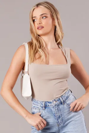 Relax Mode Sporty Design Beige Scoop Neck Tank Sleeveless