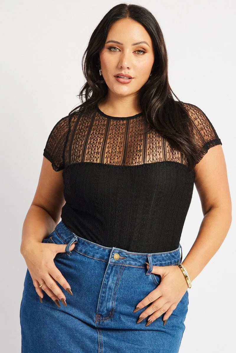 SkinFriendlyElastic Black Bodysuit Short Sleeve Crew Neck Lace