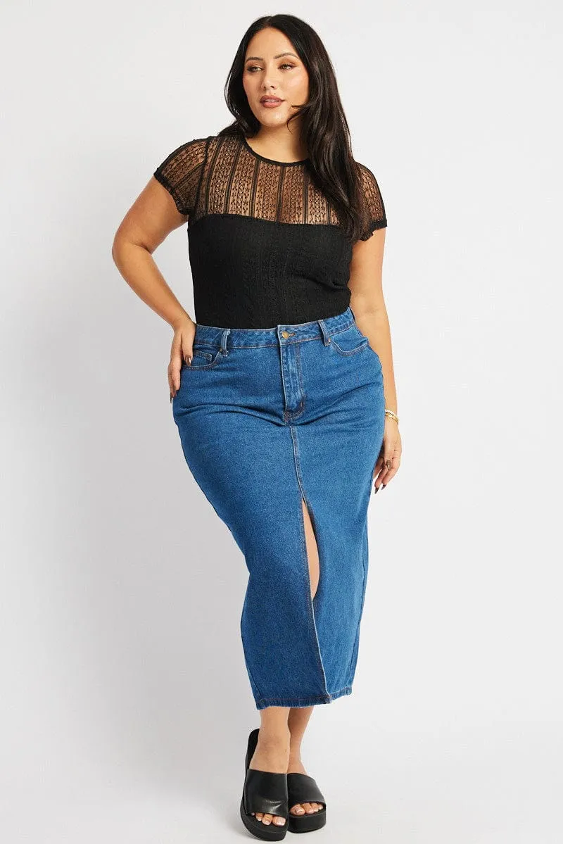 Black Bodysuit Short Sleeve Crew Neck Lace MultiPocket System