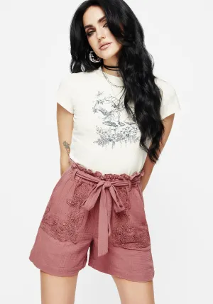 Rosamoth Applique Trim Cotton Tie Waist Shorts LaserCutEdging