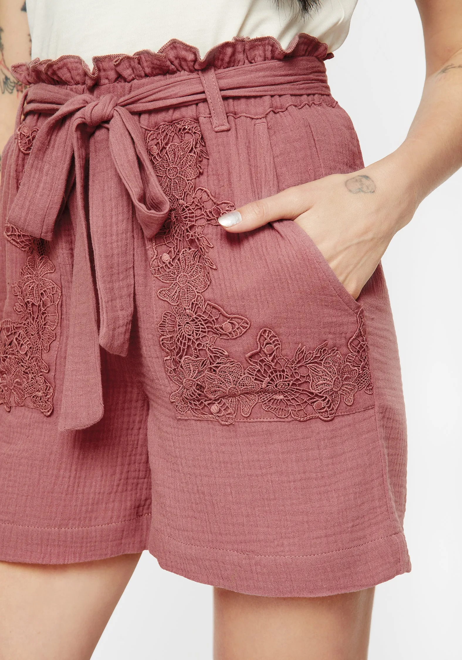 Sporty Comfort Rosamoth Applique Trim Cotton Tie Waist Shorts