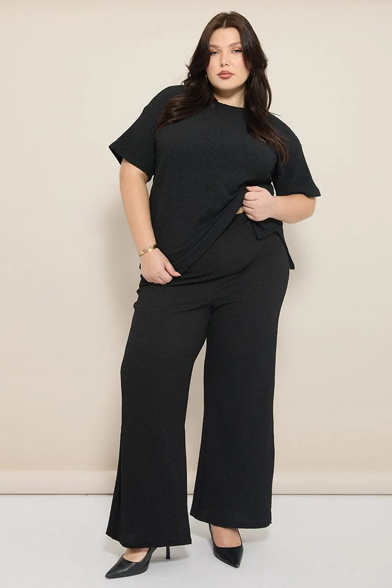 Black Textured Jersey Wide Leg Pants simple design