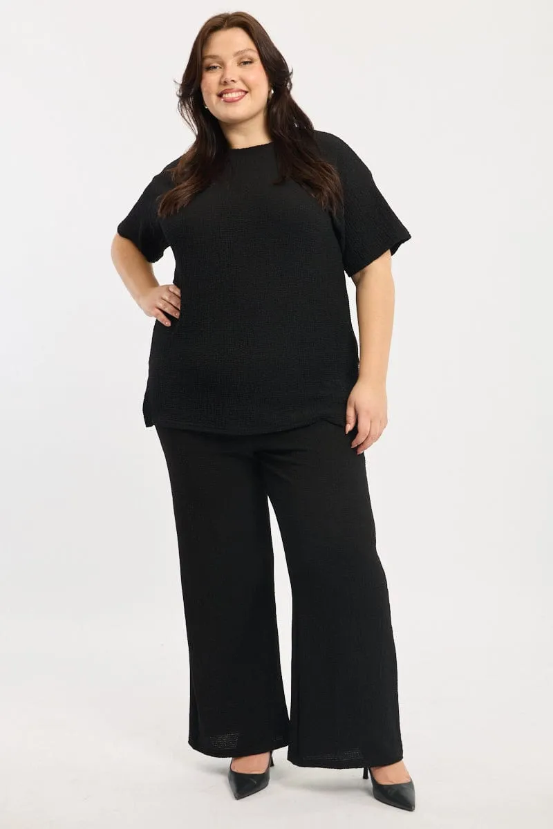 Black Textured Jersey Wide Leg Pants SmoothZipper