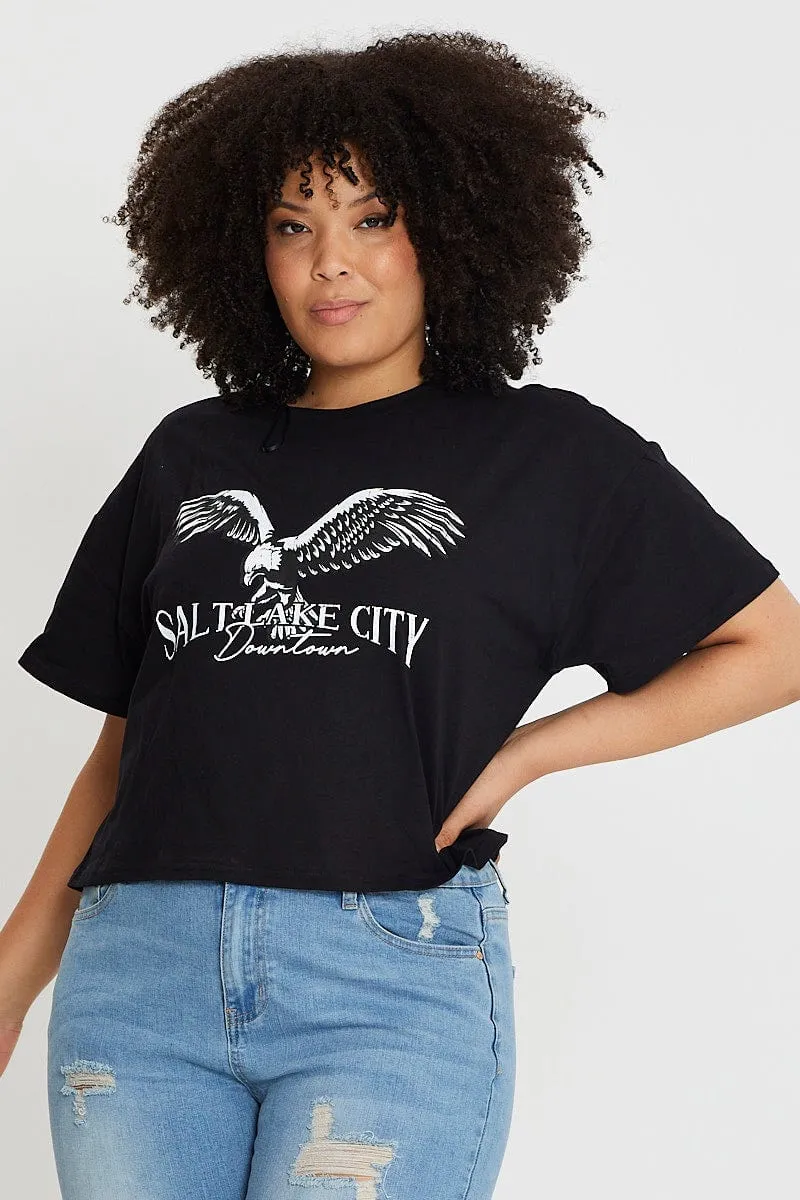 Black Short Sleeve Semi Crop Salt Lake T-shirt Relaxed Comfort Comfortable Look