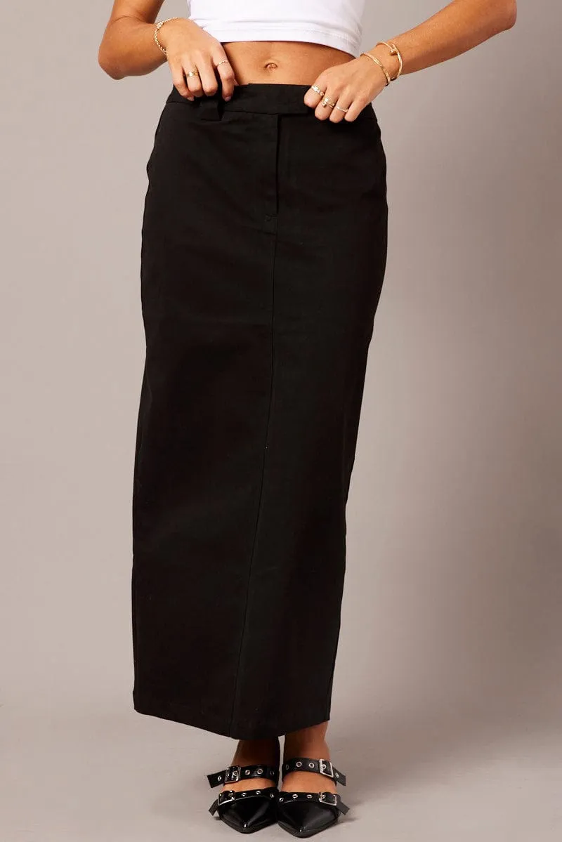 Black Tailored Skirt Midi Mid Rise Slip Resistant Waistband Minimalist Chic